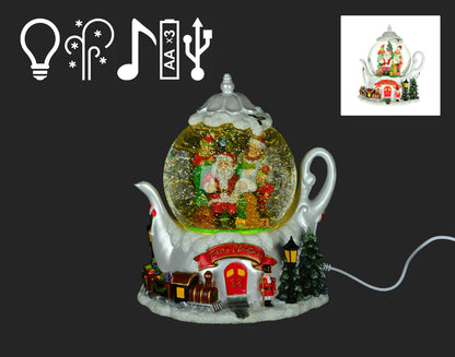 Brewing Festive Delight: 8" Teapot Water Globe with Santa - Illuminate Your Home with Christmas Cheer!