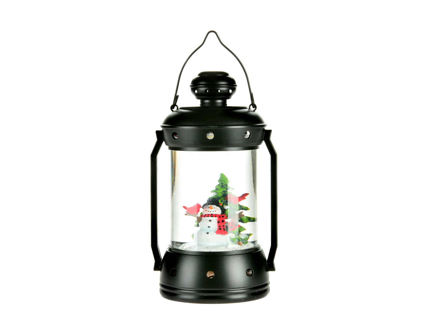 Frosty Nights Aglow: 7" Black Lantern Water Globe with Snowman and Tree - A Winter Wonderland at Your Fingertips!