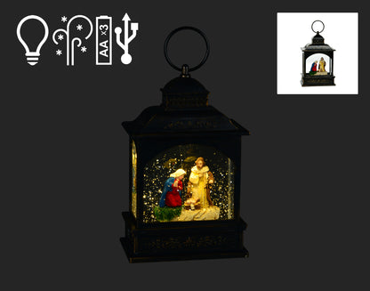 Luminous Blessings: 8" Black LED Lantern with Holy Family - Elevate Your Holiday Decor with Radiant Grace