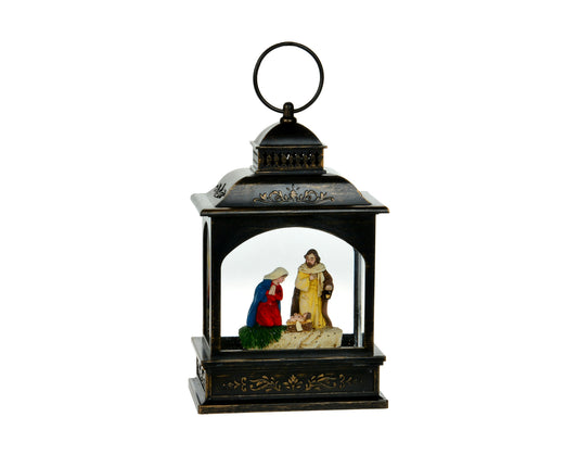 Luminous Blessings: 8" Black LED Lantern with Holy Family - Elevate Your Holiday Decor with Radiant Grace