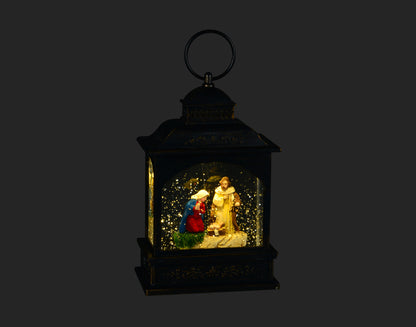 Luminous Blessings: 8" Black LED Lantern with Holy Family - Elevate Your Holiday Decor with Radiant Grace